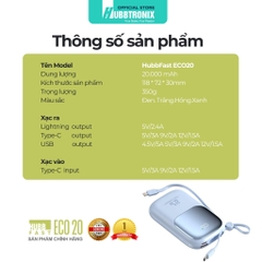 Sạc Dự Phòng HUBBFAST-ECO20 20.000mAh. Hỗ Trợ Sạc Nhanh, Kèm Dây, Màn Hình LED Hiển Thị Dung Lượng
