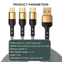 Cáp sạc nhanh 3 trong 1 HUBBTRONIX DS-3in1 – USB-A to Lightning, Micro USB, USB-C, sạc PD 5A siêu tốc, dài 1.2m
