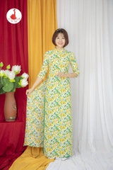 Áo dài hoa nhí cổ 2.5cm vải lụa Hàn Châu