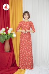 Áo dài hoa nhí màu đỏ cổ tròn vải lụa Hàn Châu