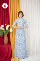 Áo dài hoa nhí màu xanh cổ 2,5cm vải lụa Hàn Châu