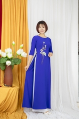 Áo dài màu xanh vẽ tay nhẹ nhàng cổ tròn vải Lụa mỹ