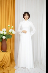 Áo dài trắng thiết kế kết hoa nổi vải Tằm ý 4 tà