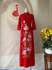 Áo dài chất vải mango thêu vi tính màu đỏ/ Áo dài Trung Đồng