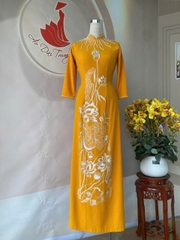 Áo dài chất vải Mango thêu vi tính màu vàng/ Áo dài Trung Đồng
