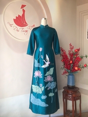 Áo dài chất lụa Ruby đính kết sen thêu chim/ Áo dài Trung Đồng
