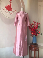 Áo dài chất Satin thêu tay thủ công màu hồng/ Áo dài Trung Đồng