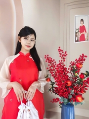 Set cách tân tơ nhăn tay phối kem / Áo dài Trung Đồng