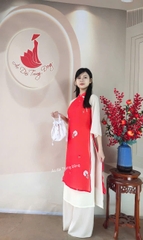 Set cách tân tơ nhăn tay phối kem / Áo dài Trung Đồng