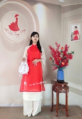 Set cách tân tơ nhăn tay phối kem / Áo dài Trung Đồng