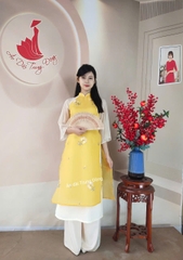 Set cách tân tơ nhăn tay phối kem / Áo dài Trung Đồng