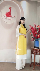 Set cách tân tơ nhăn tay phối kem / Áo dài Trung Đồng