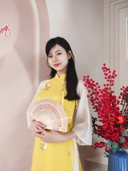 Set cách tân tơ nhăn tay phối kem / Áo dài Trung Đồng