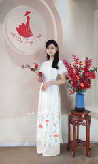 Cách tân tơ óng màu trắng in 3d/ Áo dài Trung Đồng