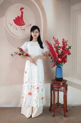 Cách tân tơ óng màu trắng in 3d/ Áo dài Trung Đồng