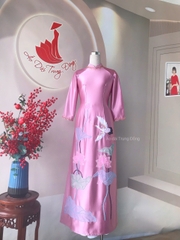 Áo dài chất lụa Ruby đính kết sen thêu chim/ Áo dài Trung Đồng