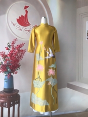 Áo dài chất lụa Ruby đính kết sen thêu chim/ Áo dài Trung Đồng
