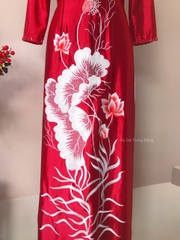 Áo dài chất vải Satin cao cấp thêu hoa sen vi tính và kết cổ/ Áo Dài Trung Đồng