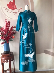 Áo dài mẹ chất vải lụa Ruby cao cấp hoạ tiết thêu vi tính màu xanh cổ vịt/ Áo dài Trung Đồng