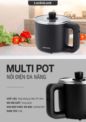 Nồi điện đa năng LocknLock 0.8L Kèm Khay Hấp Trứng, nồi lẩu mini, nấu mì EJP116BLK