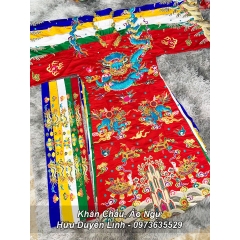 Trang phục hầu đồng Ngũ Vị Tôn Quan vải gấm thêu tay chỉ ngũ sắc vảy rồng xanh bằng kim sa cực phẩm siêu đẹp