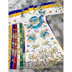 Trang phục hầu đồng Ngũ Vị Tôn Quan vải gấm thêu tay chỉ ngũ sắc vảy rồng xanh bằng kim sa cực phẩm siêu đẹp