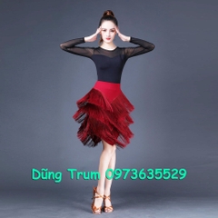 Chân Váy Khiêu Vũ Cao Cấp Tua Rua Dài 3 Tầng Đến Gối
