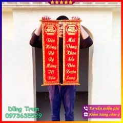 Cặp liễng đỏ treo trang trí Tết Xuân cực hay (Đào Hồng Nở Rộ Mừng Tết Đến - Mai Vàng Khoe Sắc Đón Xuân Sang)