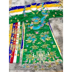 Trang phục hầu đồng Ngũ Vị Tôn Quan vải gấm thêu tay chỉ ngũ sắc vảy rồng xanh bằng kim sa cực phẩm siêu đẹp