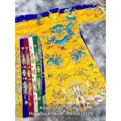 Trang phục hầu đồng Ngũ Vị Tôn Quan vải gấm thêu tay chỉ ngũ sắc vảy rồng xanh bằng kim sa cực phẩm siêu đẹp