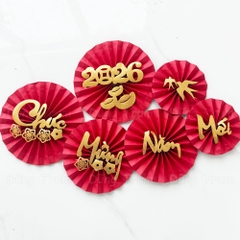 Set 6 Quạt Giấy Đỏ tròn trang trí Tết sẵn keo - Quạt Giấy Xếp Đỏ decor nhà cửa