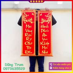 Cặp liễn Tết, 1 đôi câu đối đỏ chữ vàng trang trí Tết (Mai Vàng Rực Rỡ Chờ Tết Đến - Hạnh Phúc An Vui Khắp Mọi Nhà)