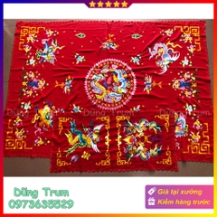 Khăn phủ diện đẹp vải dâu thêu chỉ vàng gồm khăn phủ và khăn tấu