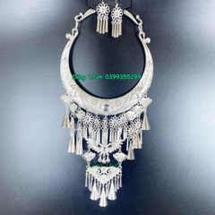 Kiềng hầu đồng tua dài kèm 2 bông tai, vòng cổ dân tộc mặt dây chuyền DT008