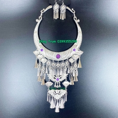 Kiềng hầu đồng tua dài kèm 2 bông tai, vòng cổ dân tộc mặt dây chuyền DT008