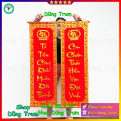 Cặp câu đối đỏ chất nhung chữ vàng trang trí Tết 35x97cm (Tổ Tiên Công Đức Muôn Đời Thịnh - Con Cháu Thảo Hiền Vạn Đại Vinh)