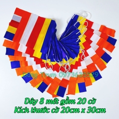 Cờ dây Phật Giáo, cờ Phật Đản vải Satanh chịu nắng mưa loại 8m 20 lá cờ