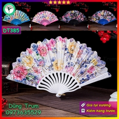 Quạt cổ trang nan nhựa họa tiết hoa sắc màu siêu đẹp DT385
