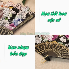 Quạt cổ trang cầm tay họa tiết hoa sặc sỡ nan nhựa bền đẹp DT386