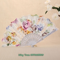 Quạt cổ trang cầm tay họa tiết hoa sặc sỡ nan nhựa bền đẹp DT386