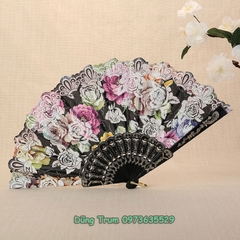 Quạt cổ trang cầm tay họa tiết hoa sặc sỡ nan nhựa bền đẹp DT386