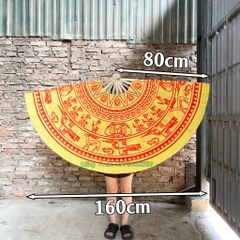 Quạt đại trống đồng họa tiết in màu sắc đỏ vàng, quạt múa trống đồng cỡ lớn