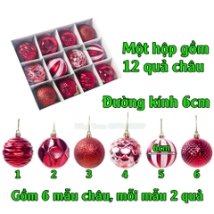 Set Châu trang trí Noel 12 quả đường kính 6cm Decor Giáng Sinh siêu đẹp