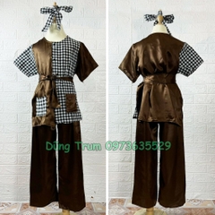 Bộ áo nông dân bà ba nâu kẻ trẻ em, trang phục đồng giao chú Cuội đầy đủ phụ kiện