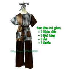 Bộ áo nông dân bà ba nâu kẻ trẻ em, trang phục đồng giao chú Cuội đầy đủ phụ kiện