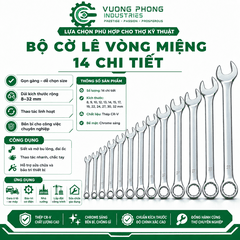 BỘ CỜ LÊ VÒNG MIỆNG 14 CHI TIẾT 8–32MM – THÉP CR-V MẠ CHROME – SIẾT MỞ BU LÔNG, ĐAI ỐC