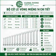 BỘ CỜ LÊ VÒNG MIỆNG 14 CHI TIẾT 8–32MM – THÉP CR-V MẠ CHROME – SIẾT MỞ BU LÔNG, ĐAI ỐC