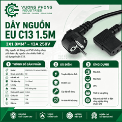 DÂY NGUỒN CHỐNG CHÁY EU C13 1.5M – 3X1.0MM² – 13A 250V – LÕI ĐỒNG – VỎ PVC