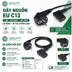 DÂY NGUỒN CHỐNG CHÁY EU C13 1.5M – 3X1.0MM² – 13A 250V – LÕI ĐỒNG – VỎ PVC