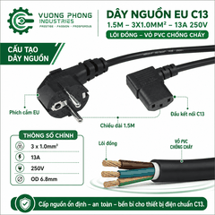 DÂY NGUỒN CHỐNG CHÁY EU C13 1.5M – 3X1.0MM² – 13A 250V – LÕI ĐỒNG – VỎ PVC